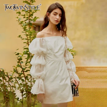 

TWOTWINSTYLE Elegant White Bodycon Women Dress Slash Neck Puff Sleeve High Waist Mini Dresses Female 2020 Fashion New Clothing