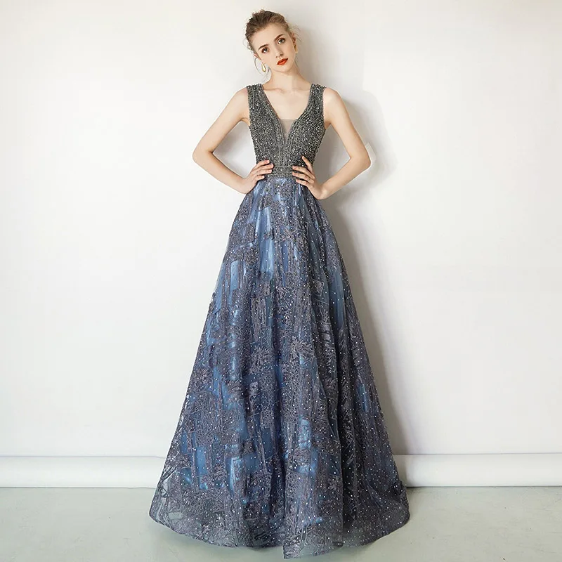 Billige Luxus Perlen Blau Bankett Abendkleid 2019 Mode Temperament Lange Absatz Edle   Slim Sexy V ausschnitt High End Damen l5487