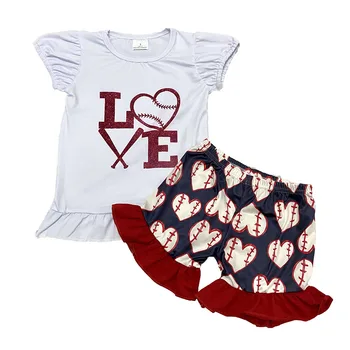 

Boutique kids clothes baseball and love heart print set summer outfit for baby girls clothes