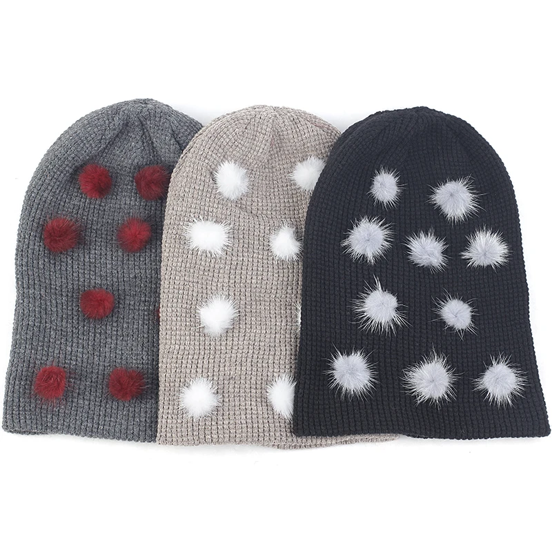 

Autumn Winter Warm Adult Cashmere Beanie Hat Skull Cap Beanies Pullover Cuff Cap With Small Pompom Dot Accessories