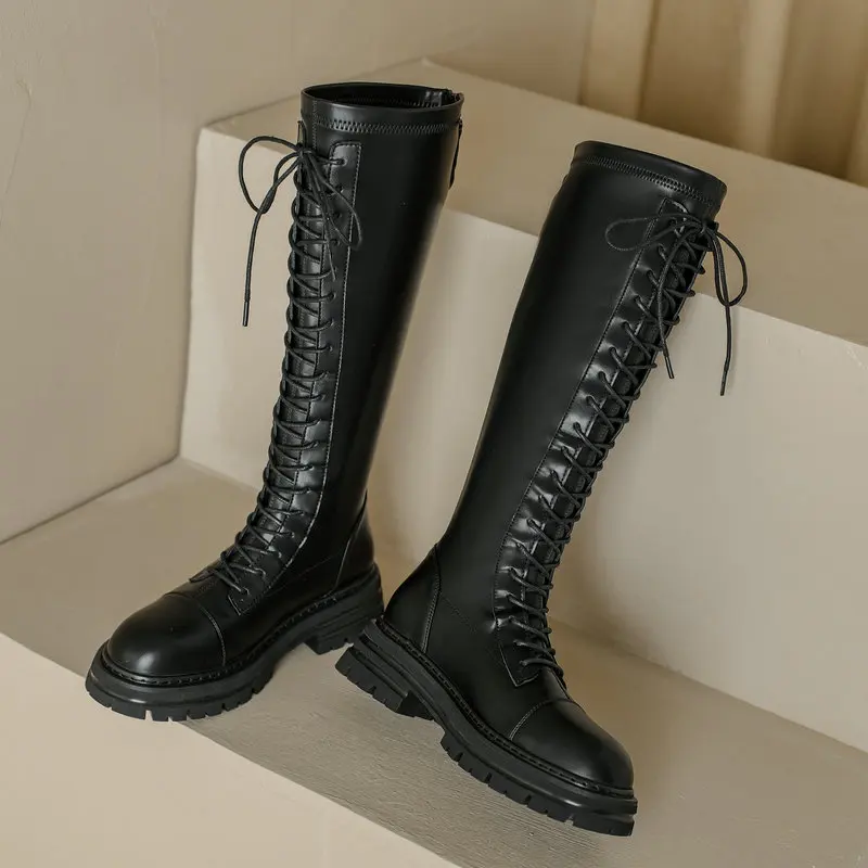 

2021 Fashion Lace-up Motorcycle Boots Women Pu Leather Chunky Low Heel Knee High Boots Round Toe Autumn Winter Zipper Boots
