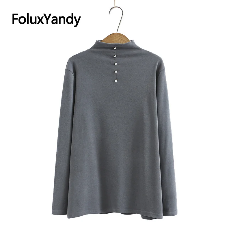 

Spring Autumn Women's Tops Tees Long Sleeve T-Shirt Buttons Casual Loose Plus Size Turtleneck T-Shirts KKFY5135
