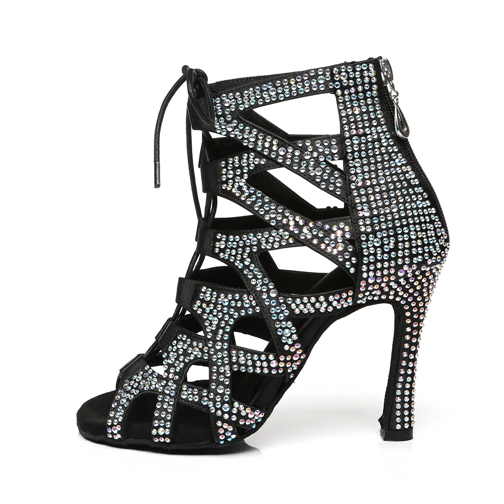 DKZSYIM Lace-Up Latin Dance Shoes Women Ballroom Black Dancing Shoes High Heels Rhinestone Party Dance Boots Soft Soles For Girl 6