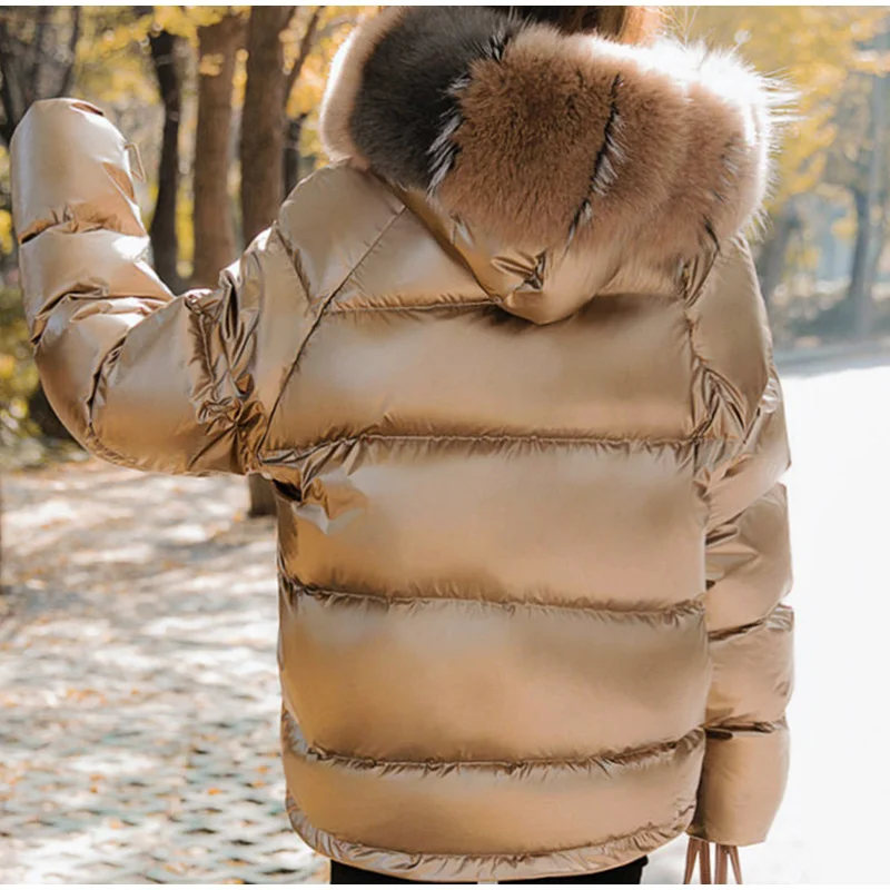 Зимняя короткая парка с воротником из искусственного меха, Женская куртка с капюшоном и хлопковой подкладкой, женские блестящие парки, модные плотные теплые пальто для женщин