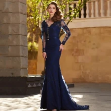 

Blue V-neck Lace Applique Evening Dresses Long Sleeve Mermaid Sweep Train Backless Prom Party Gowns For 2022 New