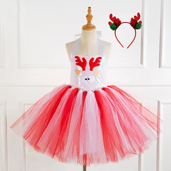 

Christmas Cosplay Sequined Reindeer Children's Mesh Ball Gown Tutu Girls Kids Dress Pageant Evening Party Costume + Headband