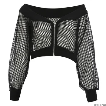 

Gothic Sexy Coat Women Blouse Black Mesh See-Through Slash Neck Hollow Off Shoulder Long Sleeve Club Street Goth Blouse