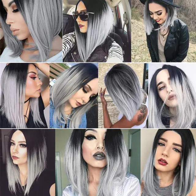 Fave Ombre Straight Bob Black Grey Synthetic Wig Shoulder Length Middle Part Heat Resistant Fiber Cosplay Party Hair For Women 6