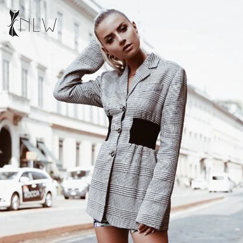 Buy Plaid Grey Long Blazer Jackets 2019 Women Autumn Winter Long Sleeve Streetwear Office Blazer Coat Female Blazer Jacket