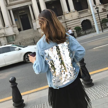 

Plus Size XL-5XL 2020 Sequins Denim Jacket Women BF Fashion Long Sleeves Vintage Hippie Loose Jeans Coats Feminino Outwear L4096