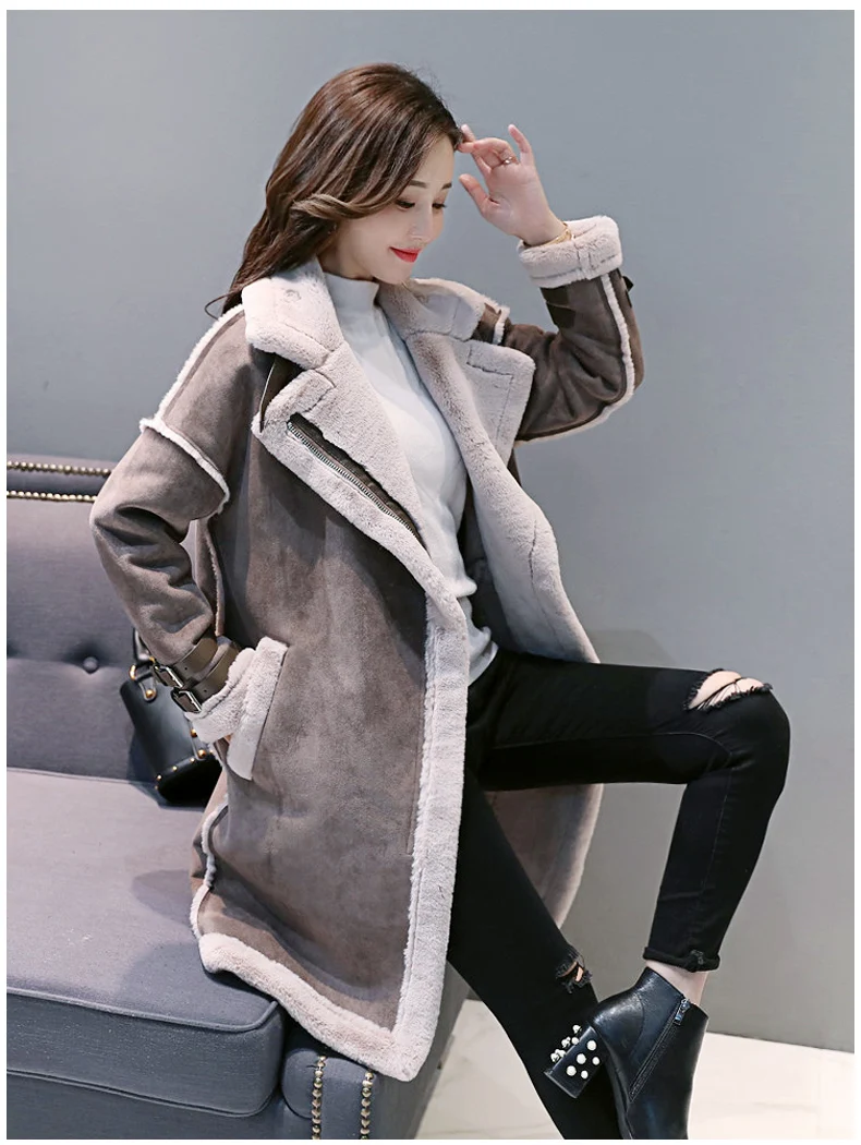 Зимние женские пальто с имитацией оленьей кожи, тяжелая имитация овечьей шерсти, плюшевая флисовая подкладка, пальто серого кофейного цвета, замшевая ткань, верхняя одежда