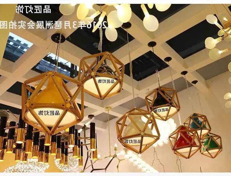 

Modern Multi-purpose Use Block 2 Wood Diamond Polyhedron Pendant Light Iron Living Dining Room Bar Study Hanging Lighting