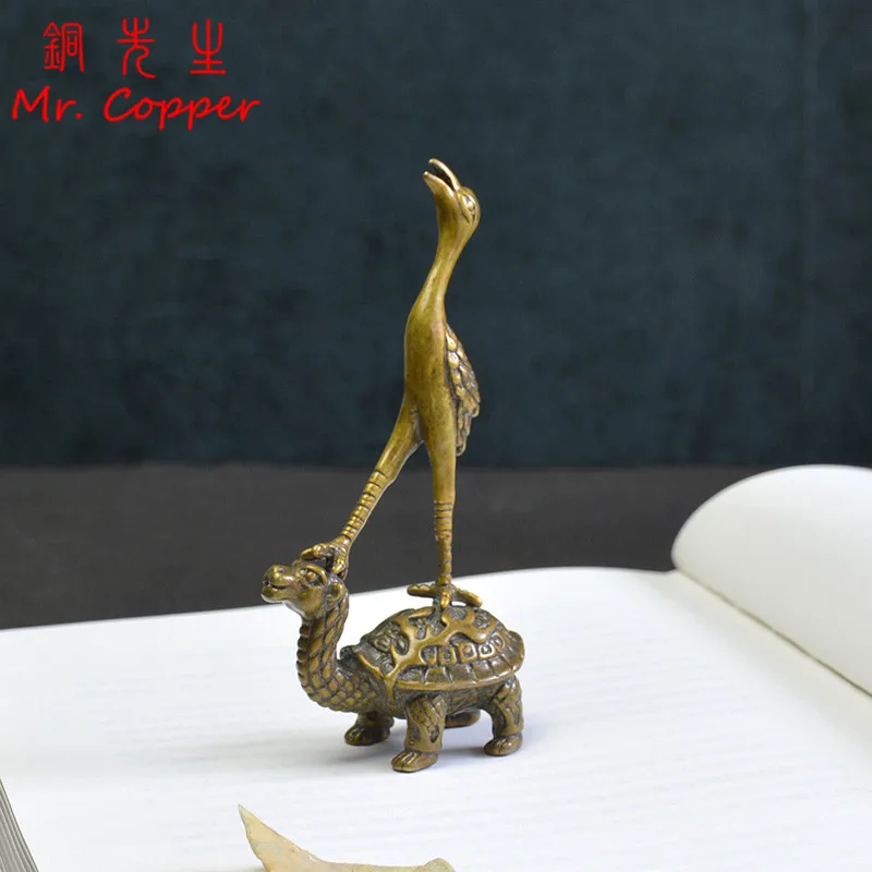 

Solid Copper Chinese Mythological Animal Dragon Head Turtle Body Crane Sculpture Small Ornament Brass Feng Shui Home Figurines