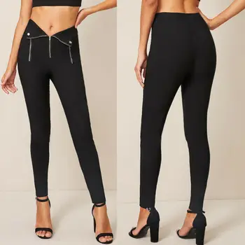 

Sexy Women Skinny Stretchy Long Pants Casual Female High Waist Solid Black Zipper Tight Trousers Pencil Pants