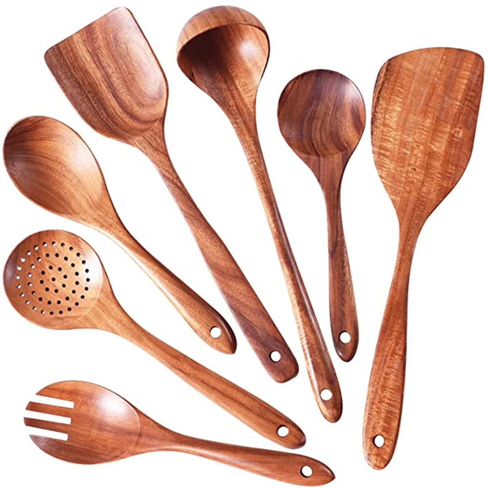 Wooden Kitchen Utensils set, Wooden Spoons for cooking Natural Teak Wood Non Stick Pots Kitchen Spatula Set for Cooking Gift