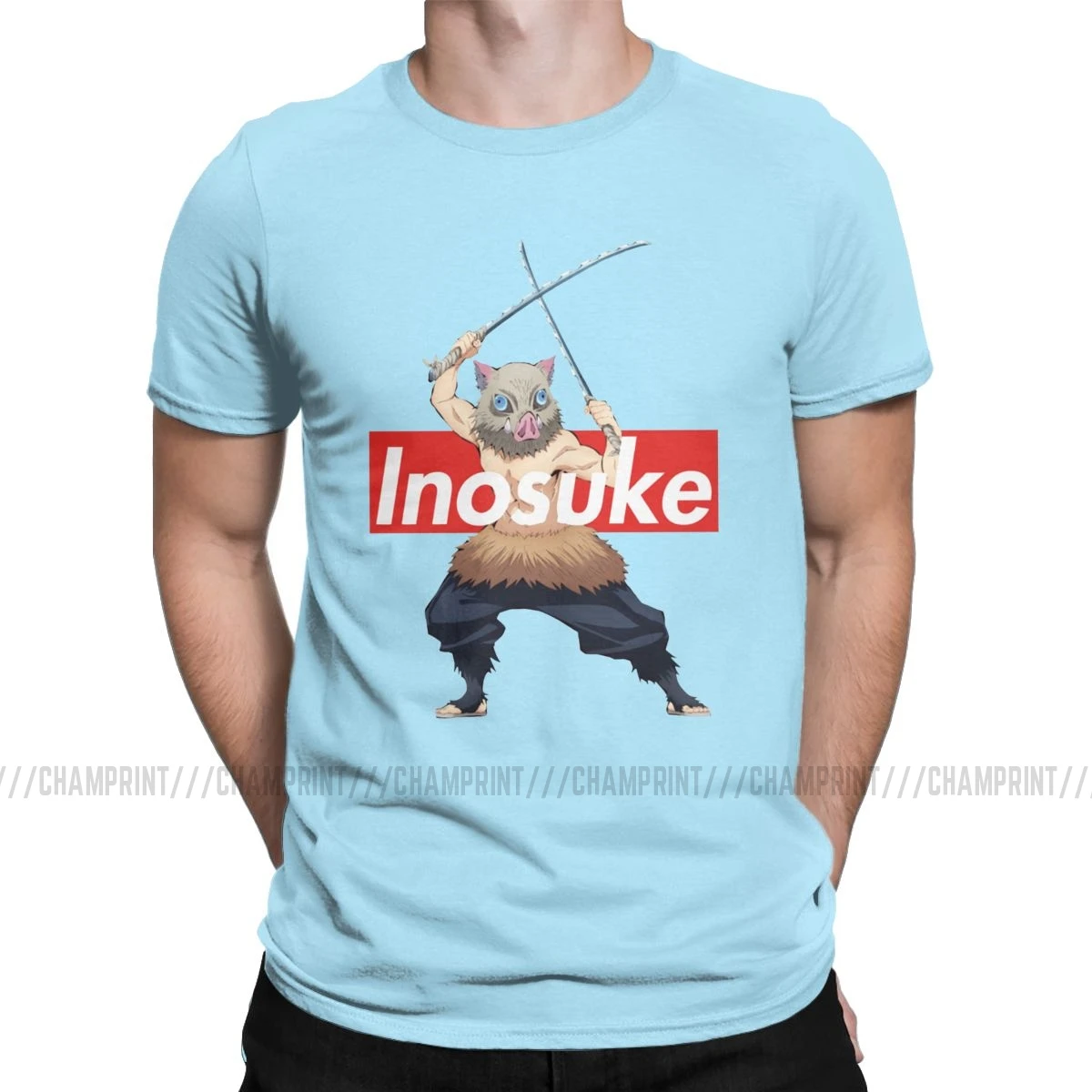 Inosuke Hashibira Kimetsu No Yaiba аниме Мужская футболка Demon Slayer аниме Awesome Tees короткий рукав Футболка размера плюс одежда - Цвет: Небесно-голубой