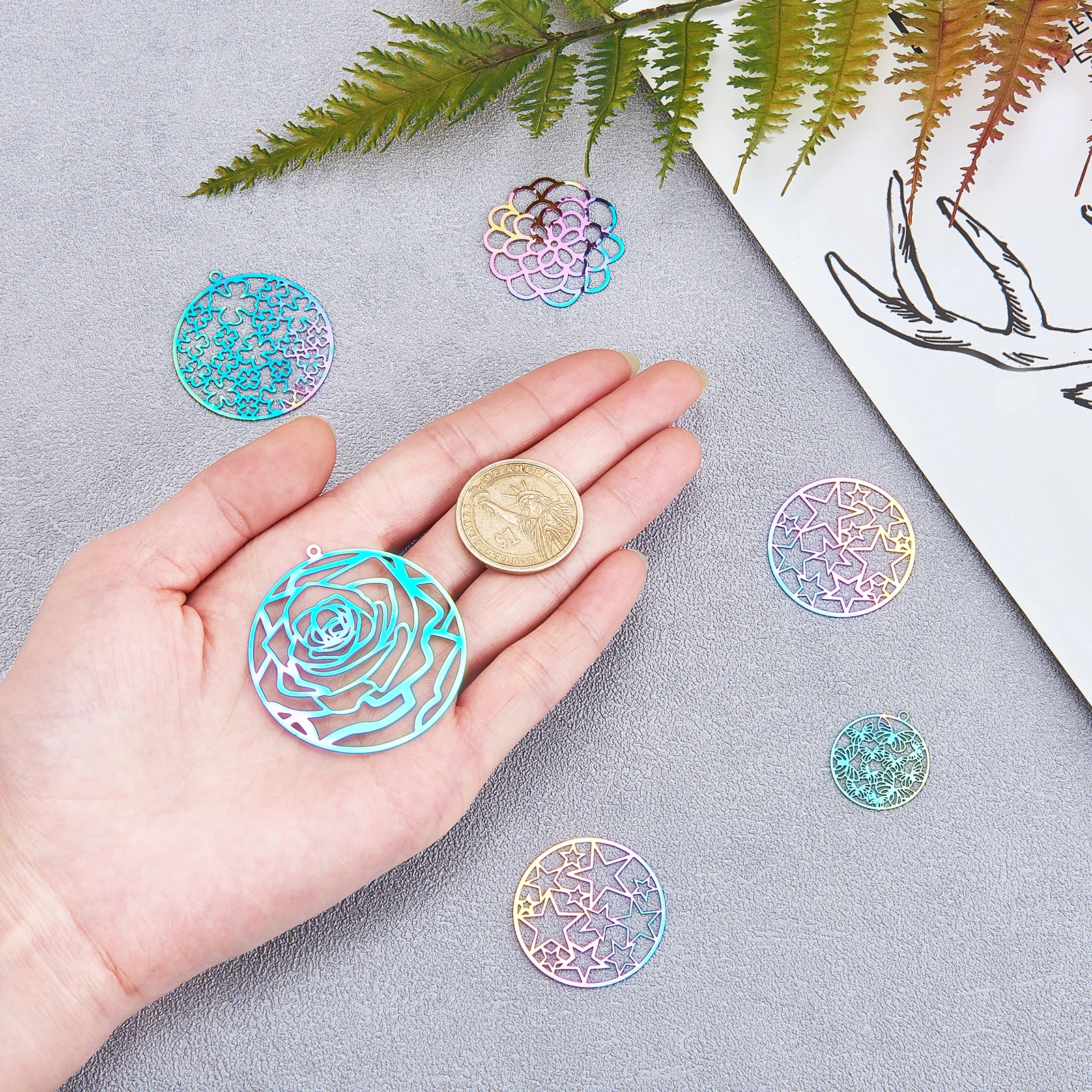 24Pcs Stainless Steel Rainbow Filigree Pendants Etched Metal Embellishments for Earrings Jewelry Making