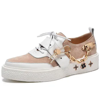 

Women's genuine leather patchwork lace-up platform flats sneakers leisure soft comfortable casual female footwear chain shoes