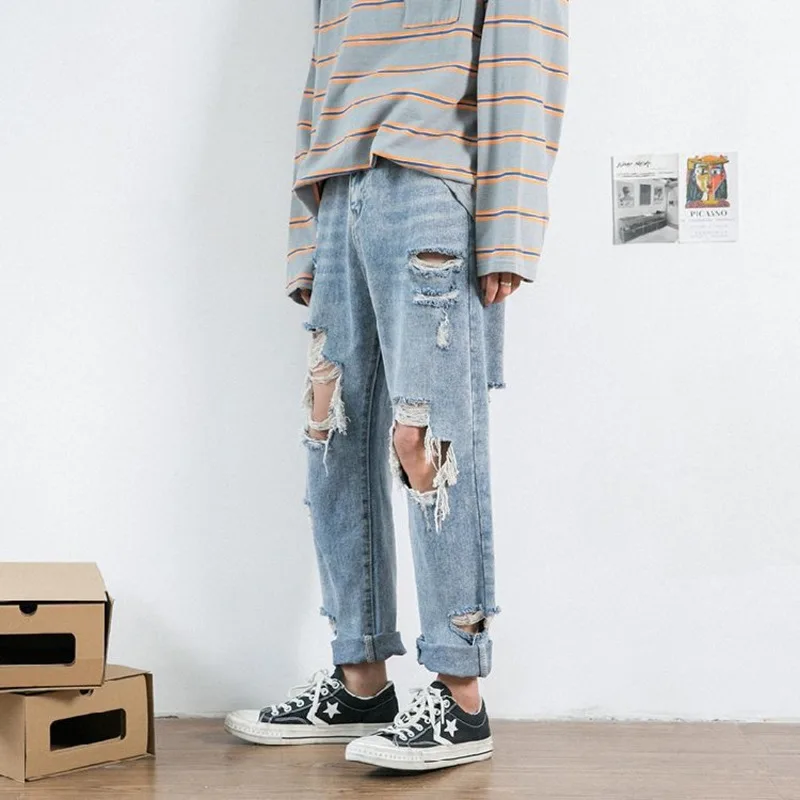 

Summer Ripped Jeans Men's Fashion Retro Casual Straight Jeans Men Streetwear Loose Hip-hop Ripped Denim Trousers Mens S-2XL