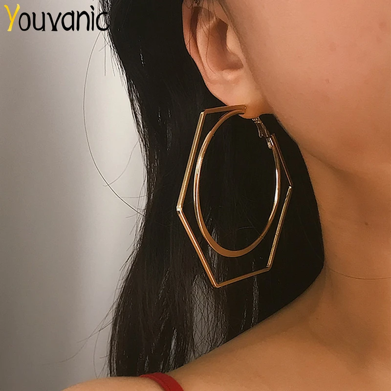 

Youvanic Fashion Women Large Round Hexagon Statement Earrings Female Personality Gold Drop Earring Wedding Hoop Ear Jewelry 1384