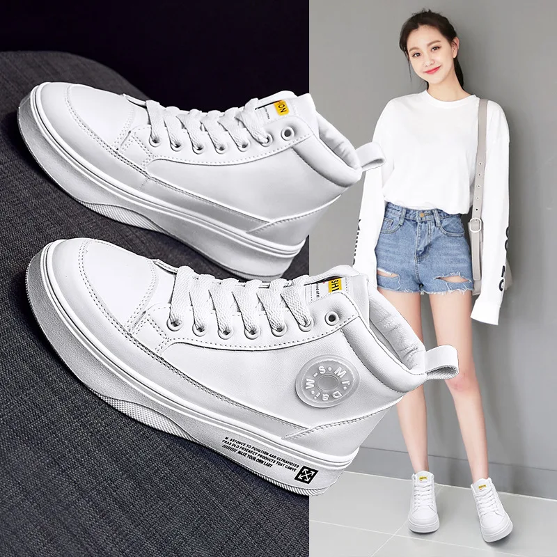 

White Shoes Women's 2019 Autumn New Style Korean-style Genuine Leather High Shoes Versatile Student Network Red Casual Board Sho