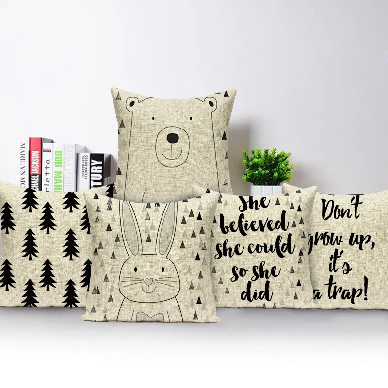 

Black White Stripes Animal Printed Decorative Cushion Cover Sofa Seat Pillowcase Letters Pillow Cover for Home Decor