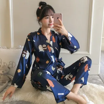 

Silk Satin Print Long Sleeve Kimono Pajamas Sets for Women Autumn Sleepwear Suit Femme Loungewear Homewear Pijama Mujer Clothes