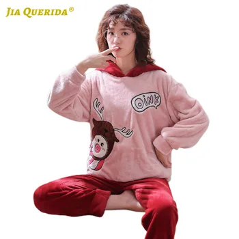 

Pink Pajamas Ladies Winter Fashion Style Casual Style Warm Pajamas Set Woman Long Sleeve Long Pants Pj Set Cartoon Printing