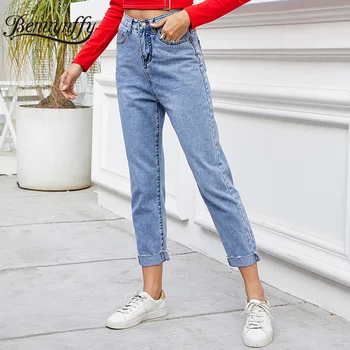 

Benuynffy 2020 Women Spring Summer Patched Pocket Denim Pants Casual Ladies Streetwear Button Fly High Waist Ankle Jeans