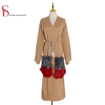 

Double Strwaberry Spring New Style Loose Big Pockets Long Knitted Cardigan Lace Sweater Jacket Women Fashion Long Sweater Coats