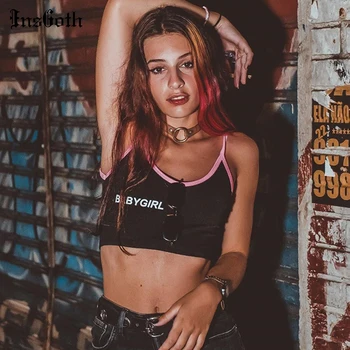 

InsGoth Sexy Crop Top Camis Streetwear Patchwork Black Letter Print Camisole Spaghetti Straps Bodycon Casual Top Summer New