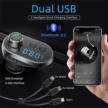 

Bluetooth 5.0 Car Kit FM Transmitter Modulator USB MP3 Player Audio Receiver 5V/3.1A Support USB Disk/Micro SD Card Handsfree
