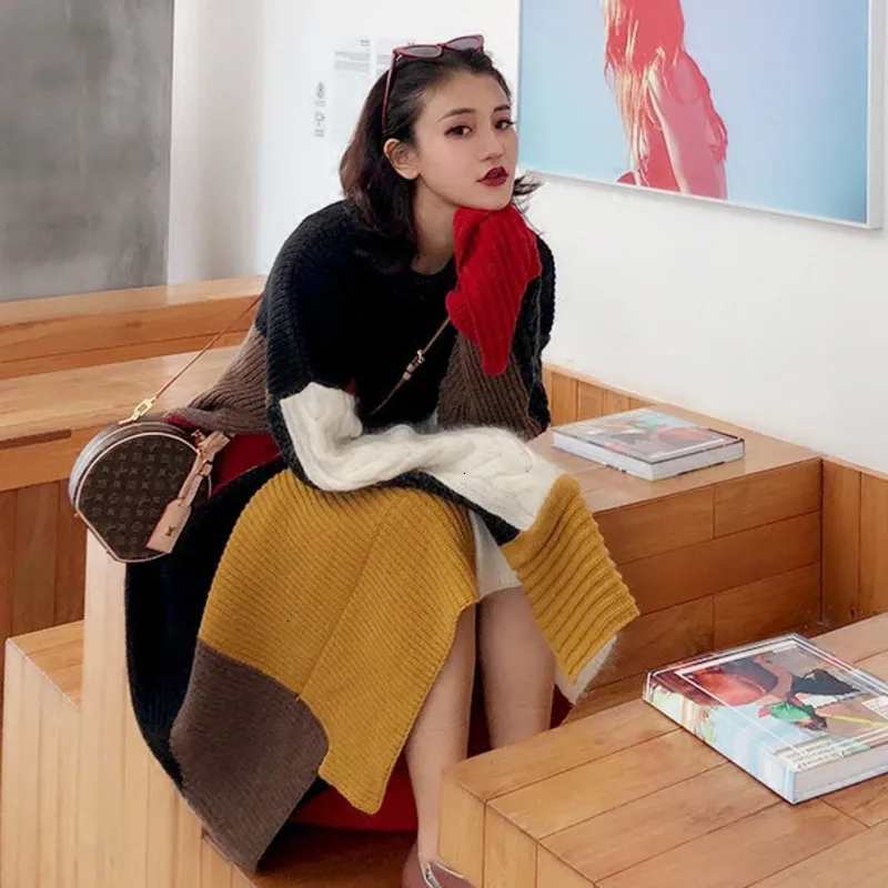 

LANMREM Leisure O Neck Patchwork Contrast Color Full Sleeve Ankle Length Dresses Women Loose Dress 2020 Autunmn Winter New TD614