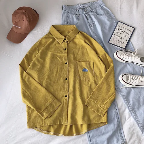 yellow blouse Neploe Женская кавайная блузка с забавными карманами, вышивка, Корейская одежда, женские топы, блузы, повседневные рубашки с длинными рукавами, большие размеры - Цвет: yellow blouse