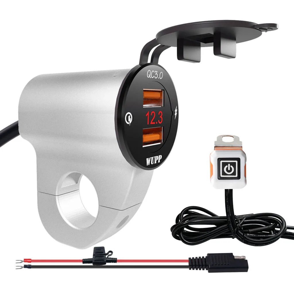 Металлический 12V мотоциклов Водонепроницаемый QC3.0 Dual USB быстрой Зарядное устройство Светодиодный переключатель вольтметра
