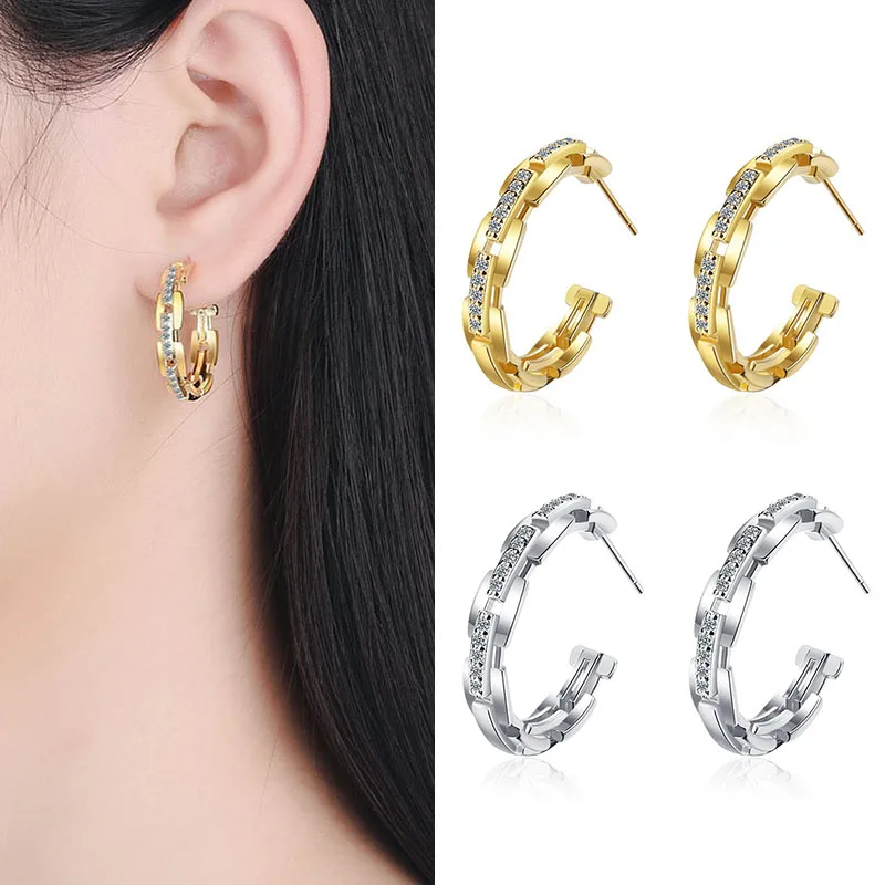 

Женские модные серьги-гвоздики C-образной формы, большие круглые серьги-каффы, блестящие кристаллы, украшенные очаровательным круглым пирсингом