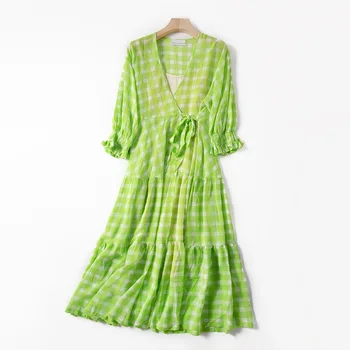 

2020 Women's Dress Prairie Chic White Plaid V-neck Short Puff Sleeve Light Green Midi Dress