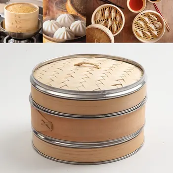 

2 Tier Cooking Bamboo Steamer Fish Rice Vegetable Snack Basket Set Kitchen Cooking Tools Dumpling Steamer Steam Pot 10 Inch