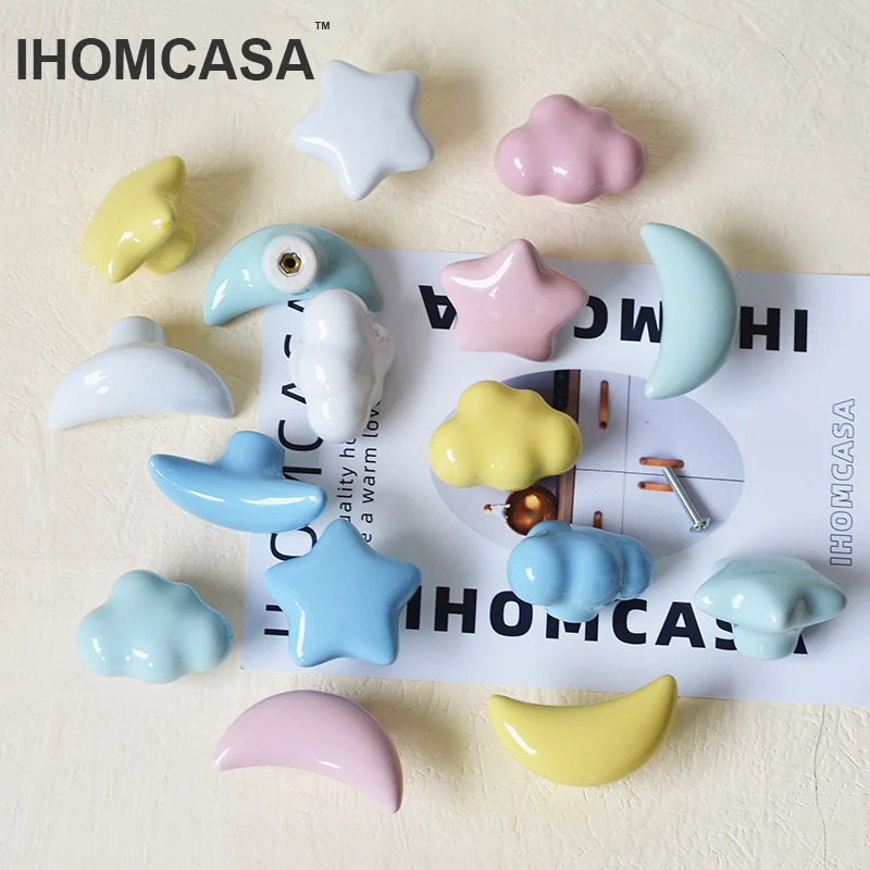 Furniture handles Ceramic Clouds Stars Moon Hook And Handle Drawer Knobs Dresser Drawer Knob Wall Cabinet Door