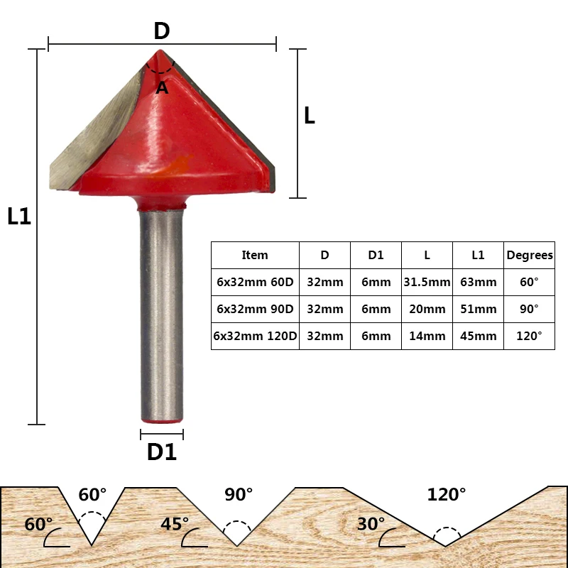 1 pc/60/90/120 градусов V Форма гравировальное лезвие 6x32 мм v-канавкой, быстроходный деревообрабатывающий фрезерный станок бит Вольфрам карбидная заканчивающаяся мельницей фаски Фрезы