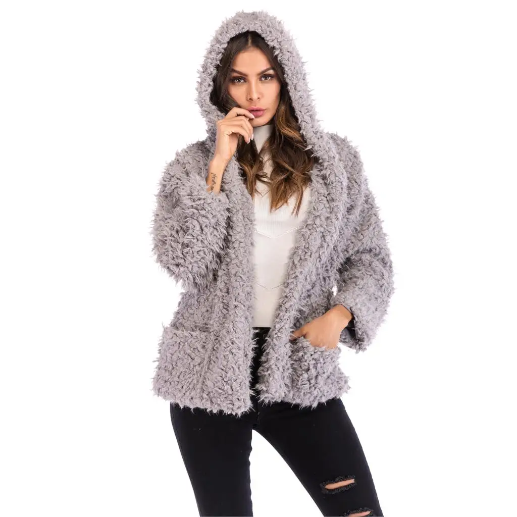 

Winter Warm Hooded Female Cardigan Hairy Outerwears Loose Long Plush Sleeve Thick Fleece Jacket Women Overcoat Grey Black Pink