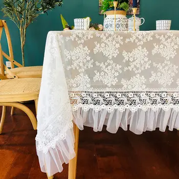

Fyjafon Table Cloth Embroidery Lace Tablecloth White Decorative Dustproof Cover Outdoor Party Wedding Table Cloth