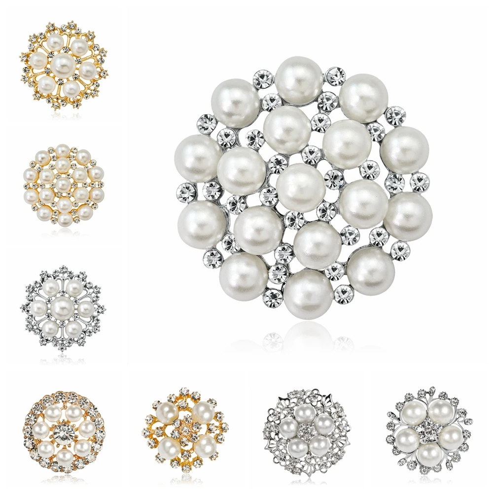 

New Fashion High Quality Enamel Rhinestones Crystal Imitation Pearl Round Flower Shape Brooches For Women