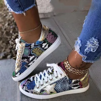 

SLHJC Newest Snakeskin Leather Flats Plus Size Female Spring Summer Autumn Sneakers Round Toe Lace Up Casual Flat Heel Shoes