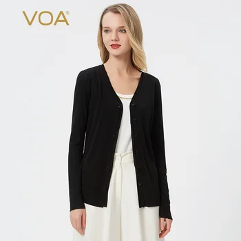 

VOA summer V-neck long-sleeved waxy soft skin-friendly single-row multi-button cardigan casual short jacket WG041