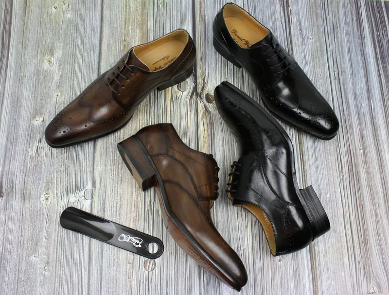 Handmade Men Dress Shoes Genuine Leather Derby Shoes Black Brown Pointed Business Office Work Lace Up Men's Formal Shoes Male