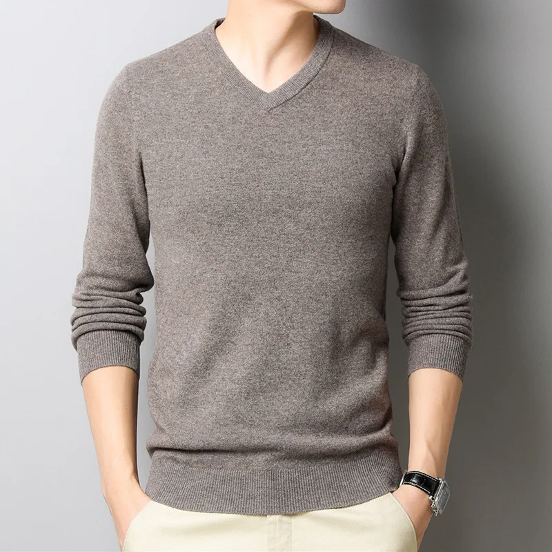 

2019 Autumn & Winter New Style Woollen Sweater Men's V-neck Young And Middle-aged Casual Solid Color Sweater Slim Fit Wool Base