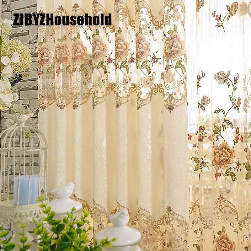 

European Style Rice White Velvet Embroidered Cloth Curtain for Living Dining Room Bedroom