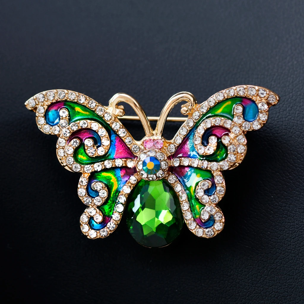 Green Wings Butterfly With Clear Rhinestone Insect Brooch Party Jewelry Pin