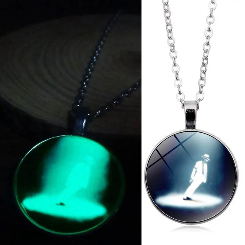 Glow In The Dark Glass Dome Alooy Pendant Necklace Charm Michael Jackson Pattern Luminos Necklace Simple Men Women Jewelry Gift